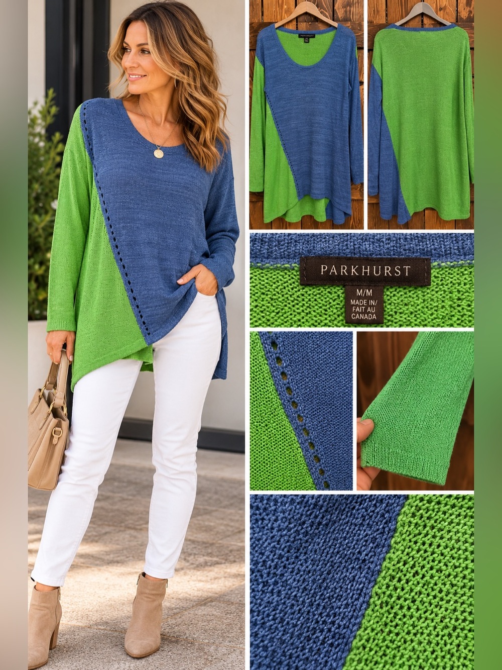 Parkhurst Colour Block Asymmetrical Knit Tunic Sweater M Made in Canada